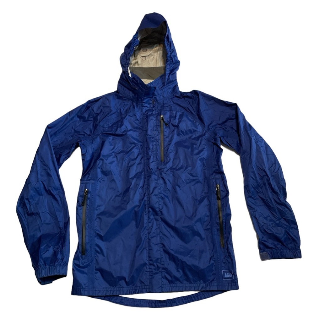 REI boys blue nylon full zip hooded rain shell jacket taped seam Size XL (18)